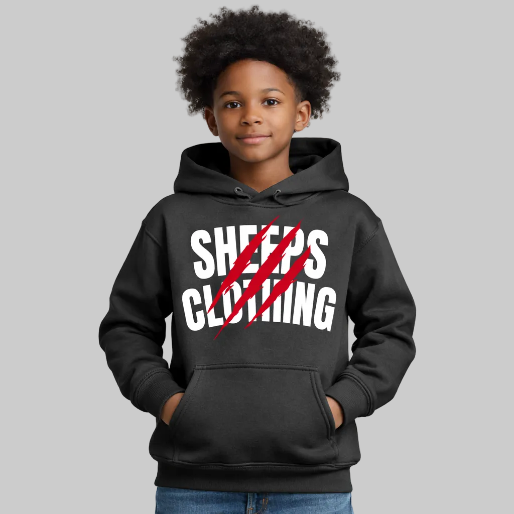 Child wearing a black hoodie with text on a white background