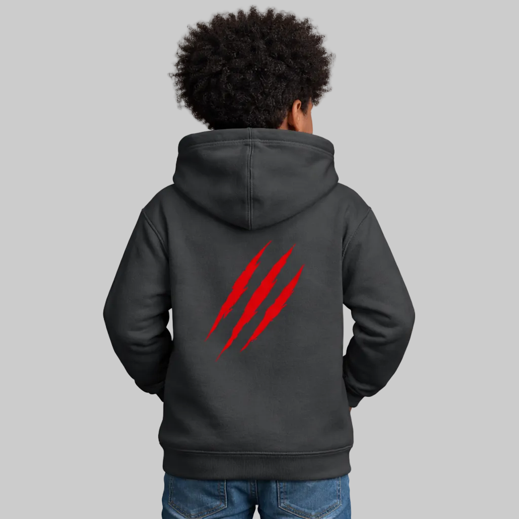 Person wearing a black hoodie with red designs on the back, standing against a white background