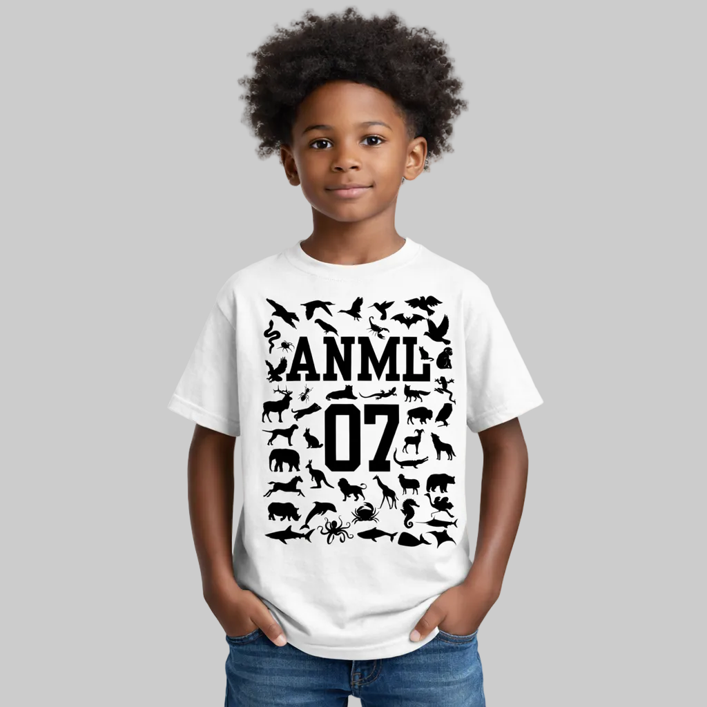 Child wearing a white t-shirt with black animal illustrations and text on a white background