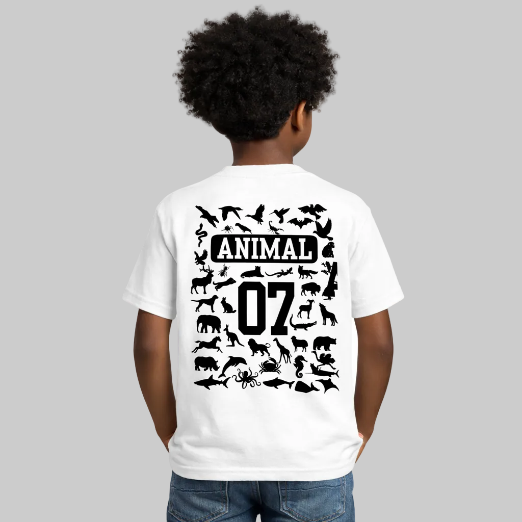 Person wearing a white t-shirt with black animal silhouettes and text on the back