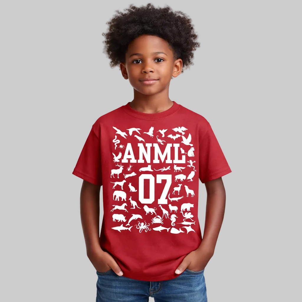 Child wearing a red t-shirt with white graphics and text on a white background