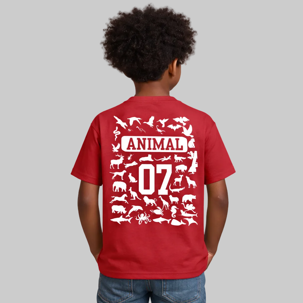 Child wearing a red t-shirt with white animal illustrations and text on the back.