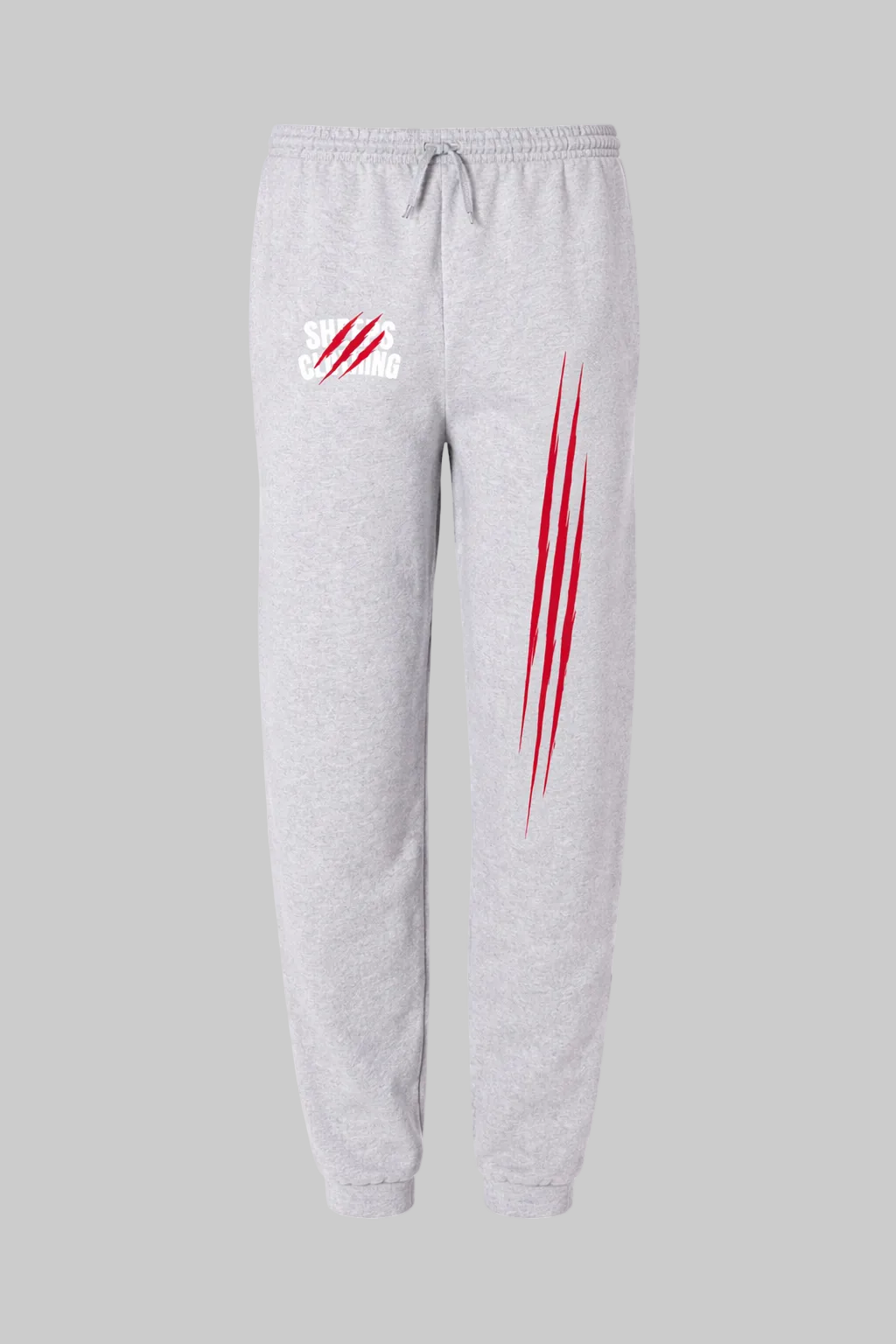 Gray sweatpants with red and white design on a white background