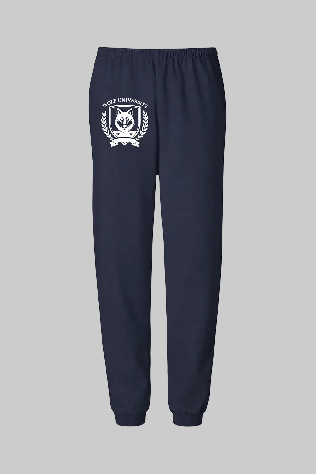 Navy blue sweatpants with a white logo on a white background