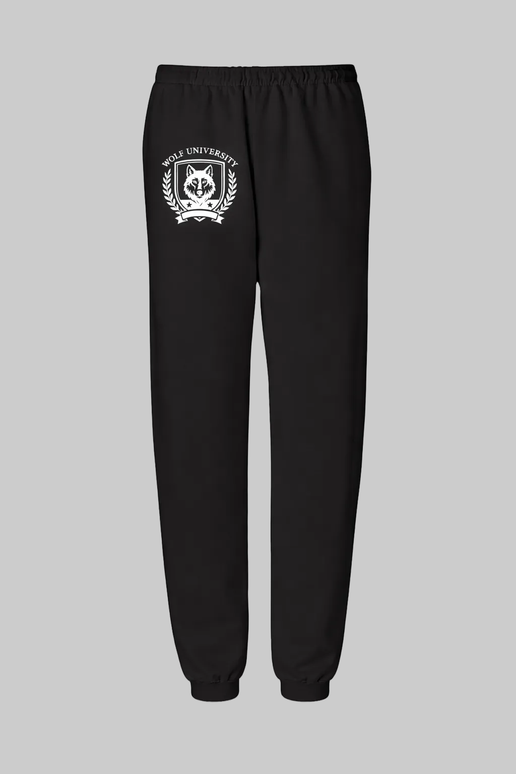 Black sweatpants with a white logo on a white background