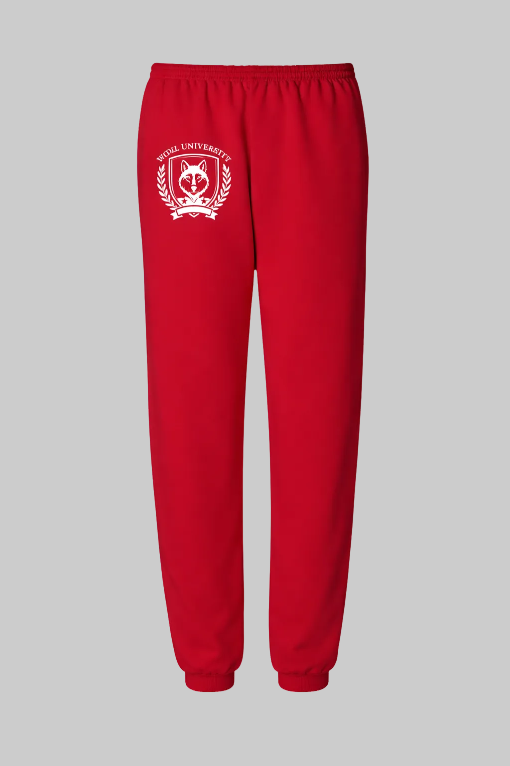Red sweatpants with a white logo on a white background