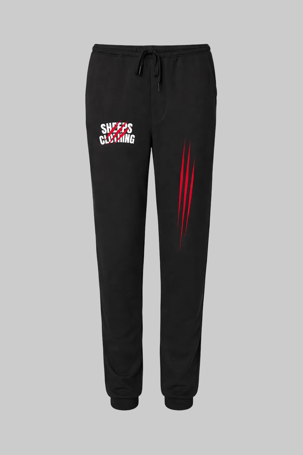 Black sweatpants with a logo and text on a white background