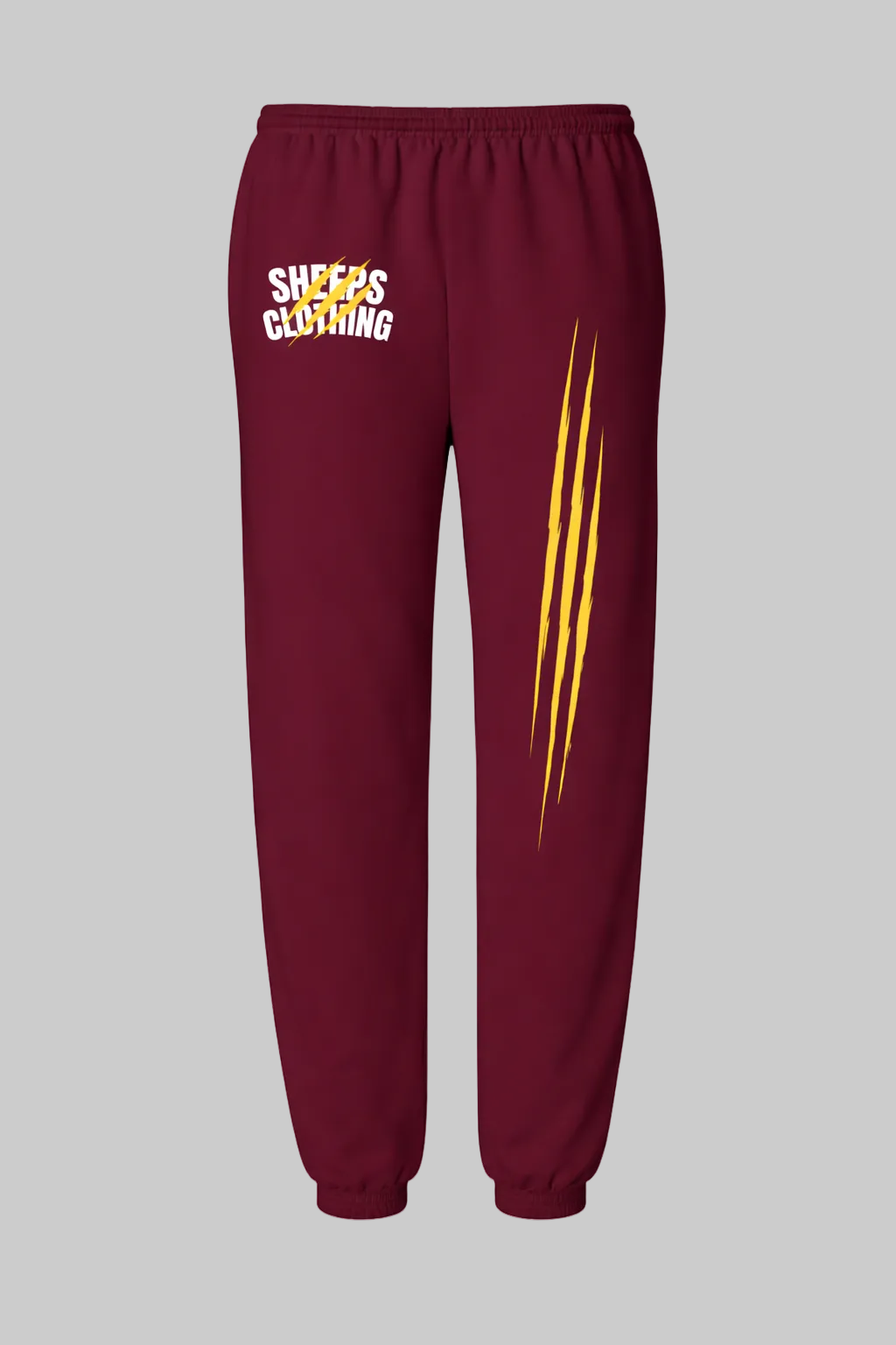 Maroon sweatpants with yellow and white graphics on a white background