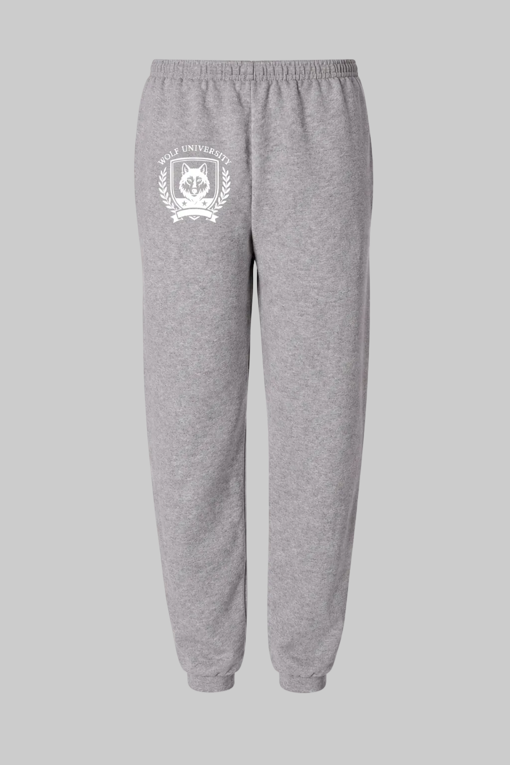Gray sweatpants with a white logo on a white background