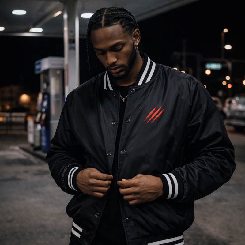 Man wearing a black jacket with white accents and a red logo at night.