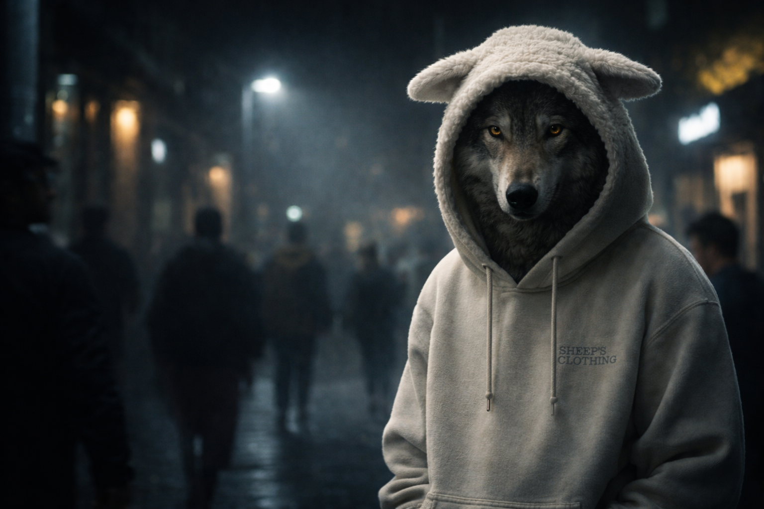 Person wearing a hoodie with a wolf mask in a dark, urban setting