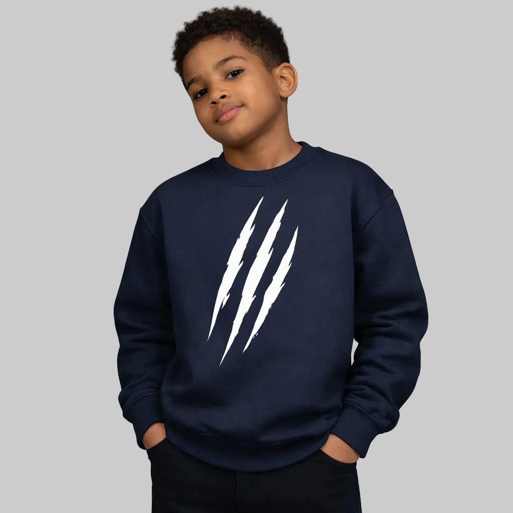Child wearing a navy blue sweatshirt with white graphic design on a white background