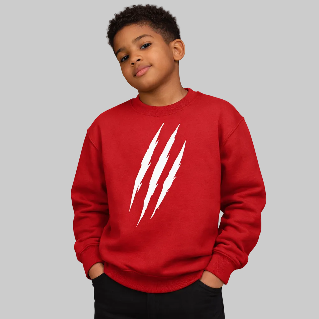 Child wearing a red sweatshirt with white graphic design on a plain background