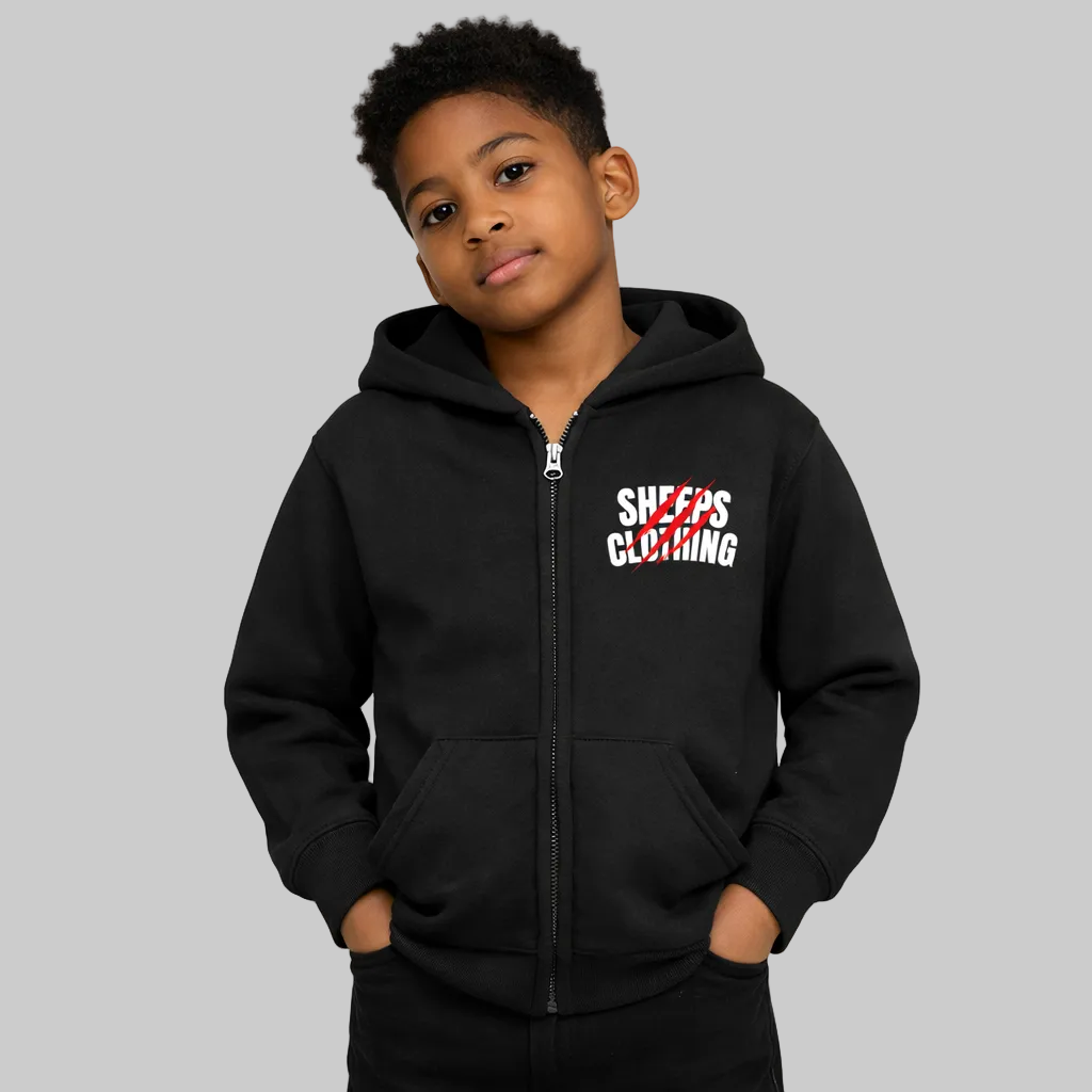 Child wearing a black hoodie with a logo on a white background