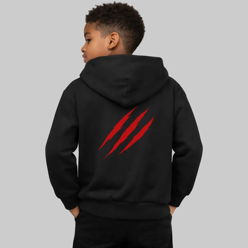 Child wearing a black hoodie with red claw marks on the back against a white background