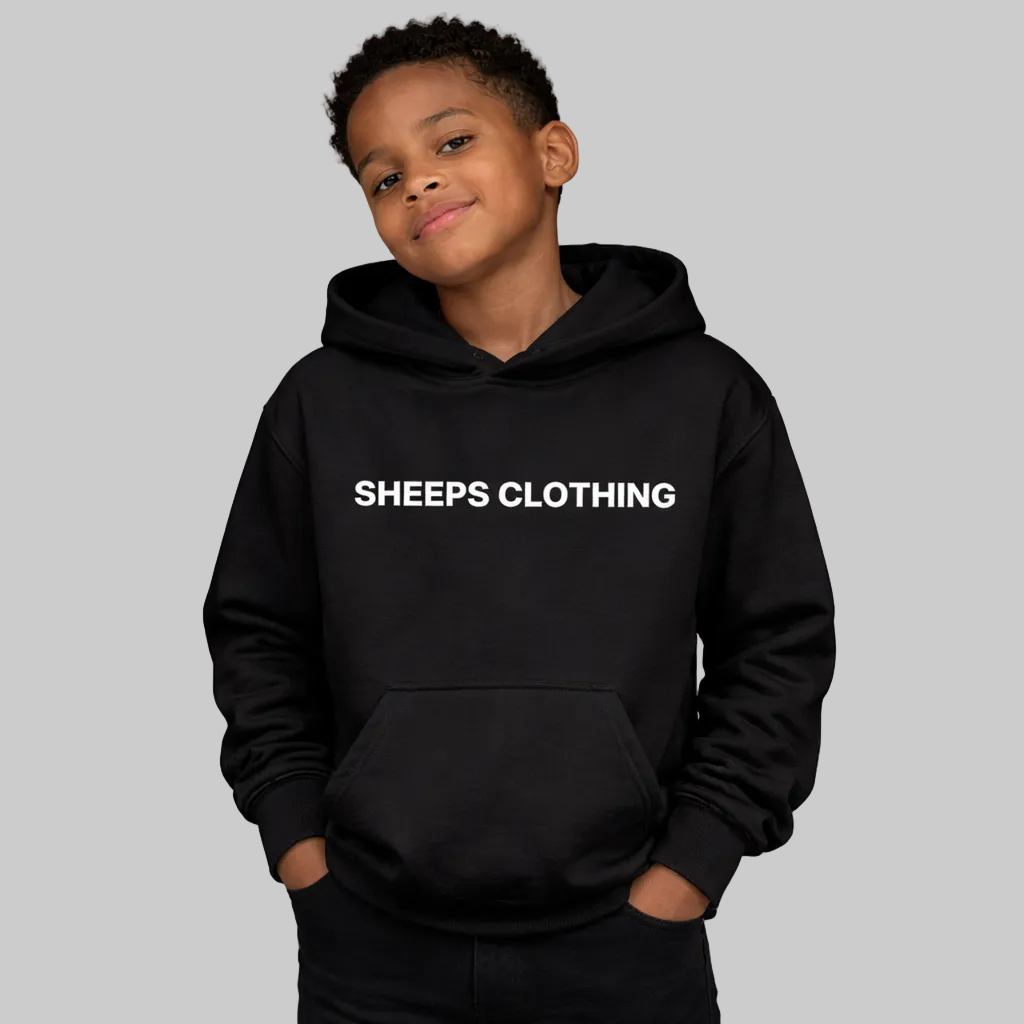 Child wearing a black hoodie with 'SHEEPS CLOTHING' text on a white background