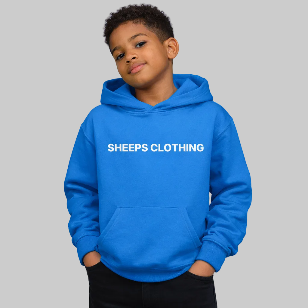 Child wearing a blue hoodie with 'SHEEPS CLOTHING' text on a white background