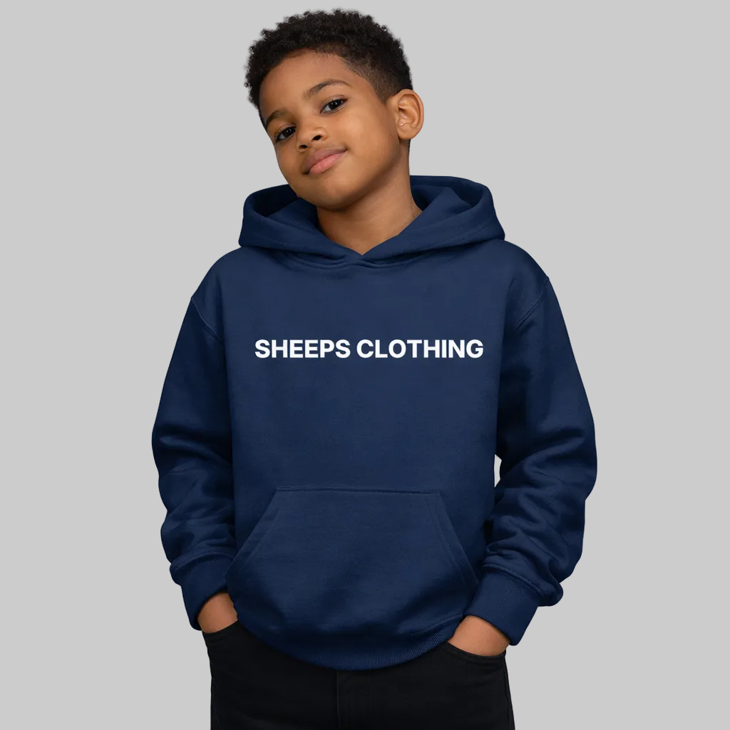 Child wearing a navy hoodie with 'SHEEPS CLOTHING' text on a white background