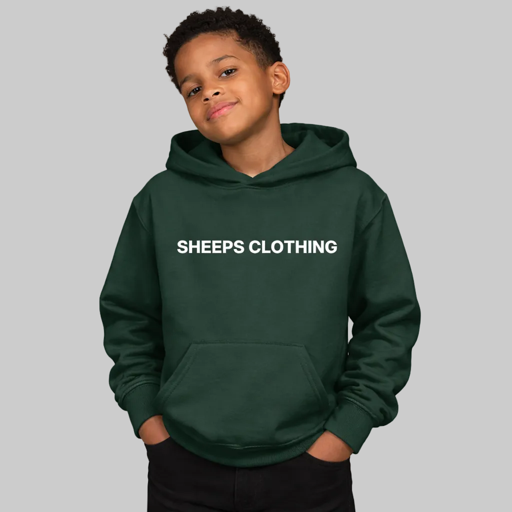 Child wearing a green hoodie with 'SHEEPS CLOTHING' text on a white background