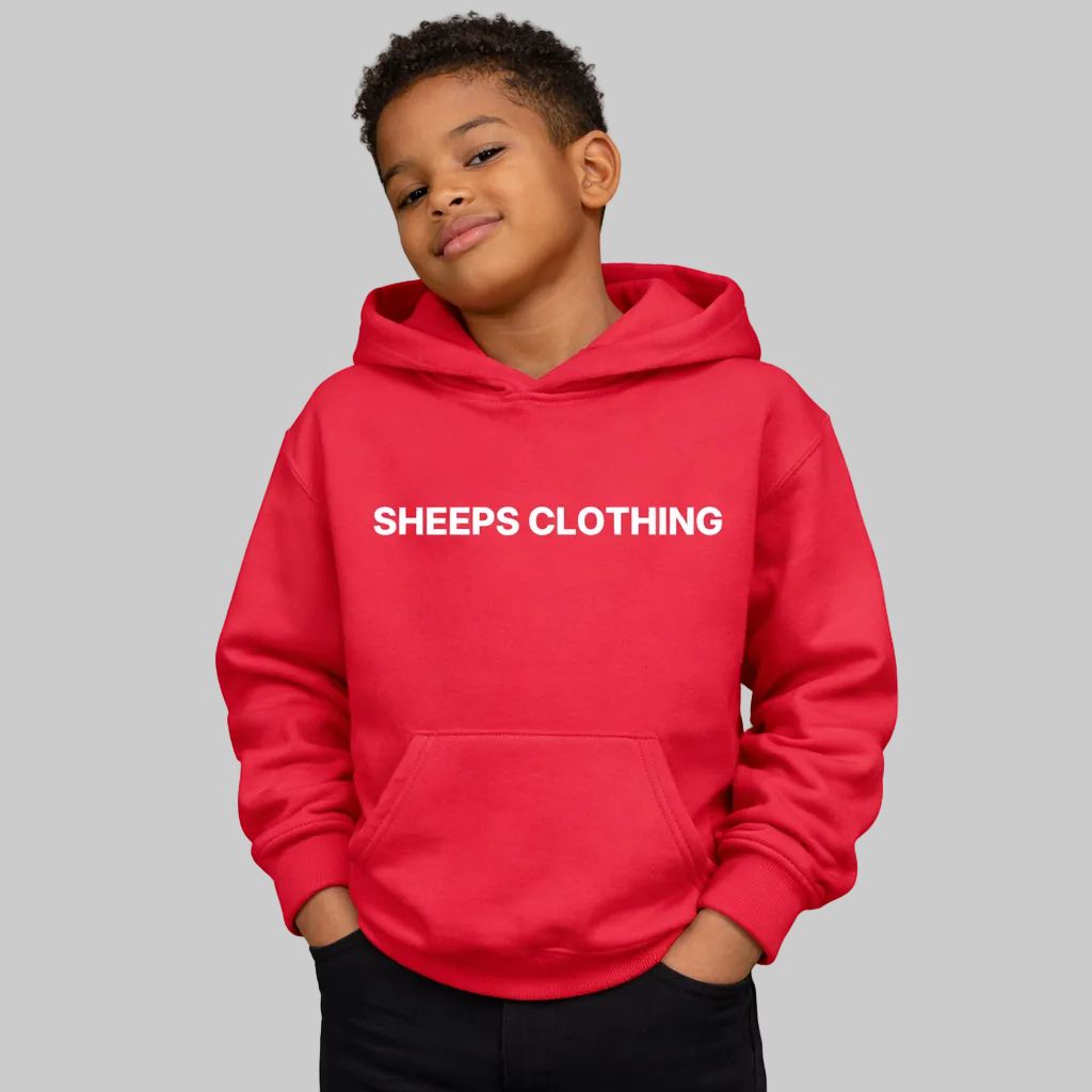Child wearing a red hoodie with 'Sheeps Clothing' text on a white background