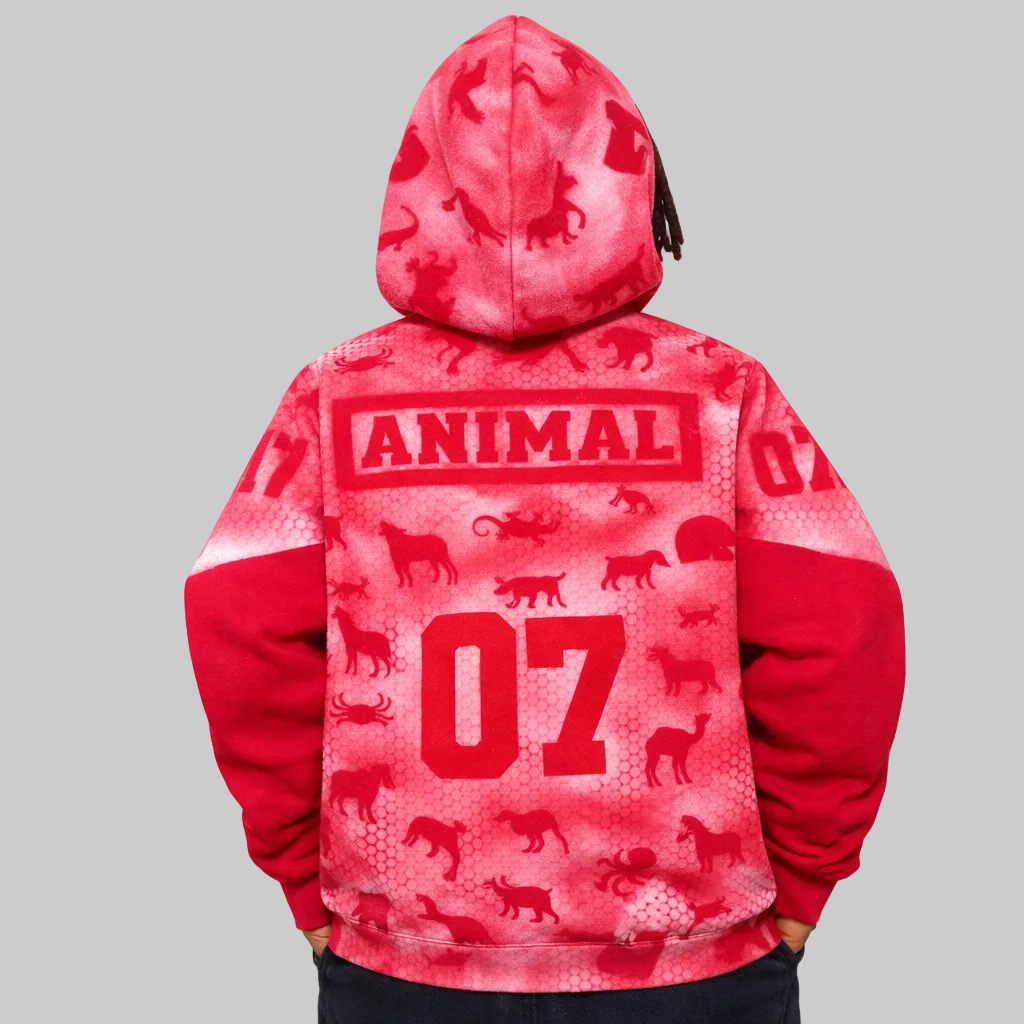 Red and white hoodie with animal patterns and 'ANIMAL 07' text on a white background