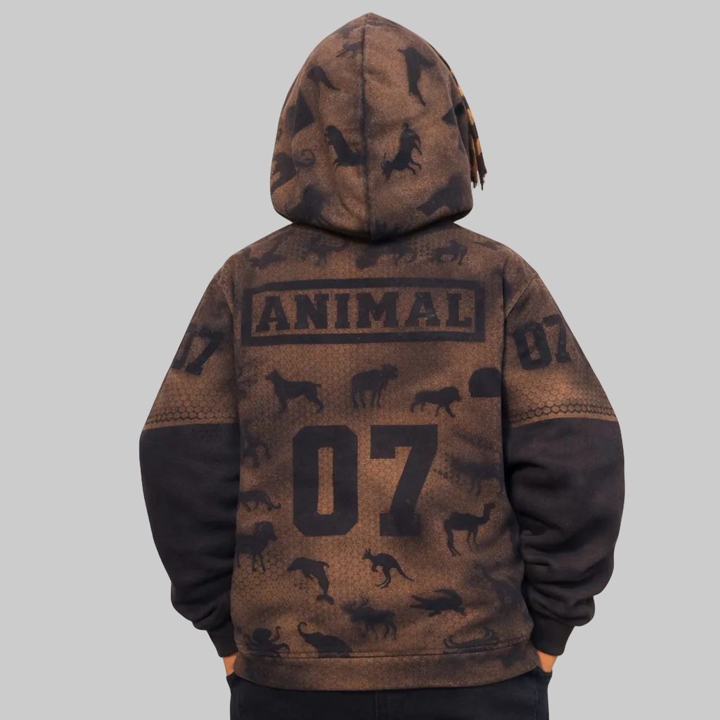 Brown hoodie with animal patterns and 'ANIMAL 07' text on a white background