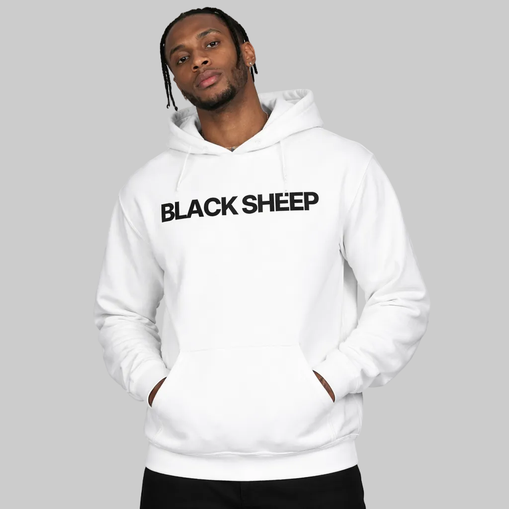 Person wearing a white hoodie with 'BLACK SHEEP' text on a light gray background