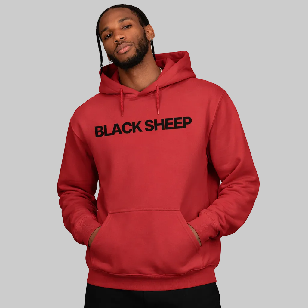 Person wearing a red hoodie with 'BLACK SHEEP' text on a white background