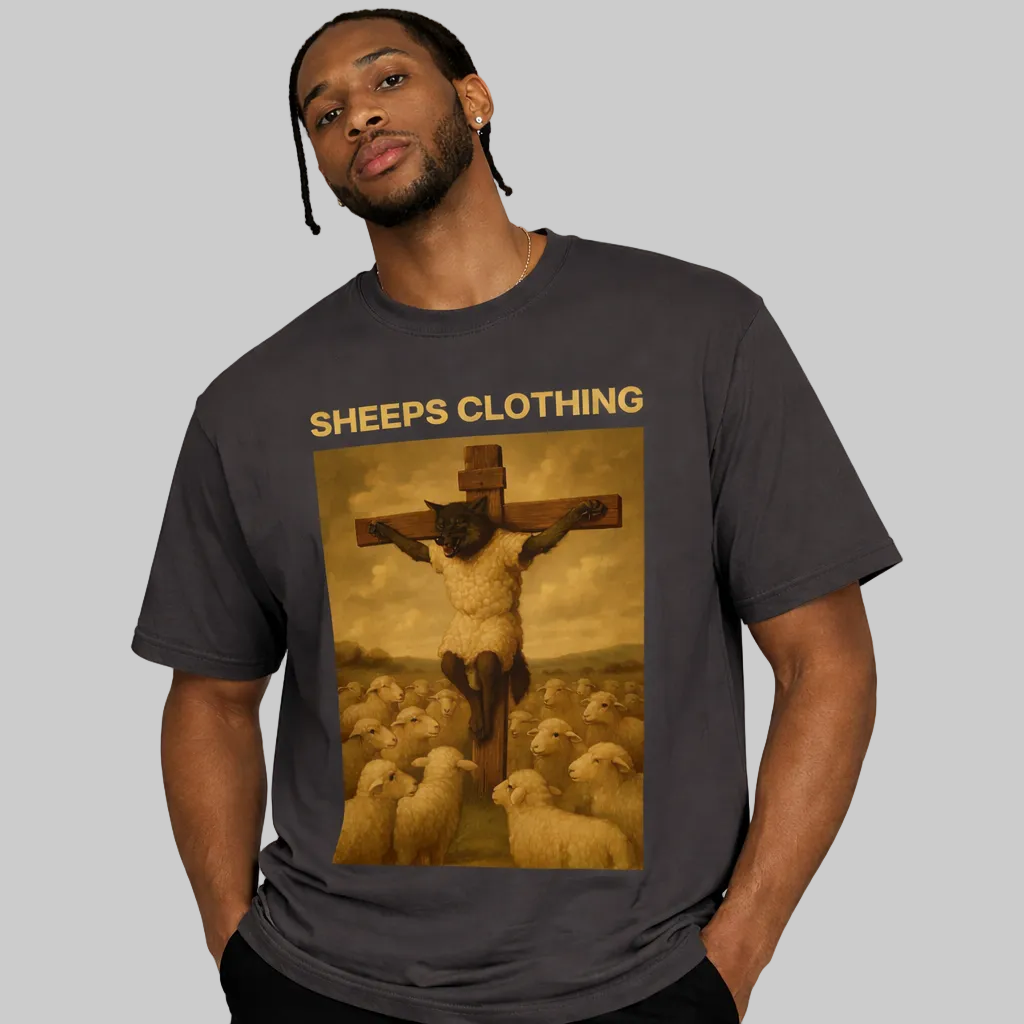 Person wearing a t-shirt with a graphic design of a sheep crucified, labeled 'Sheeps Clothing', on a plain background.
