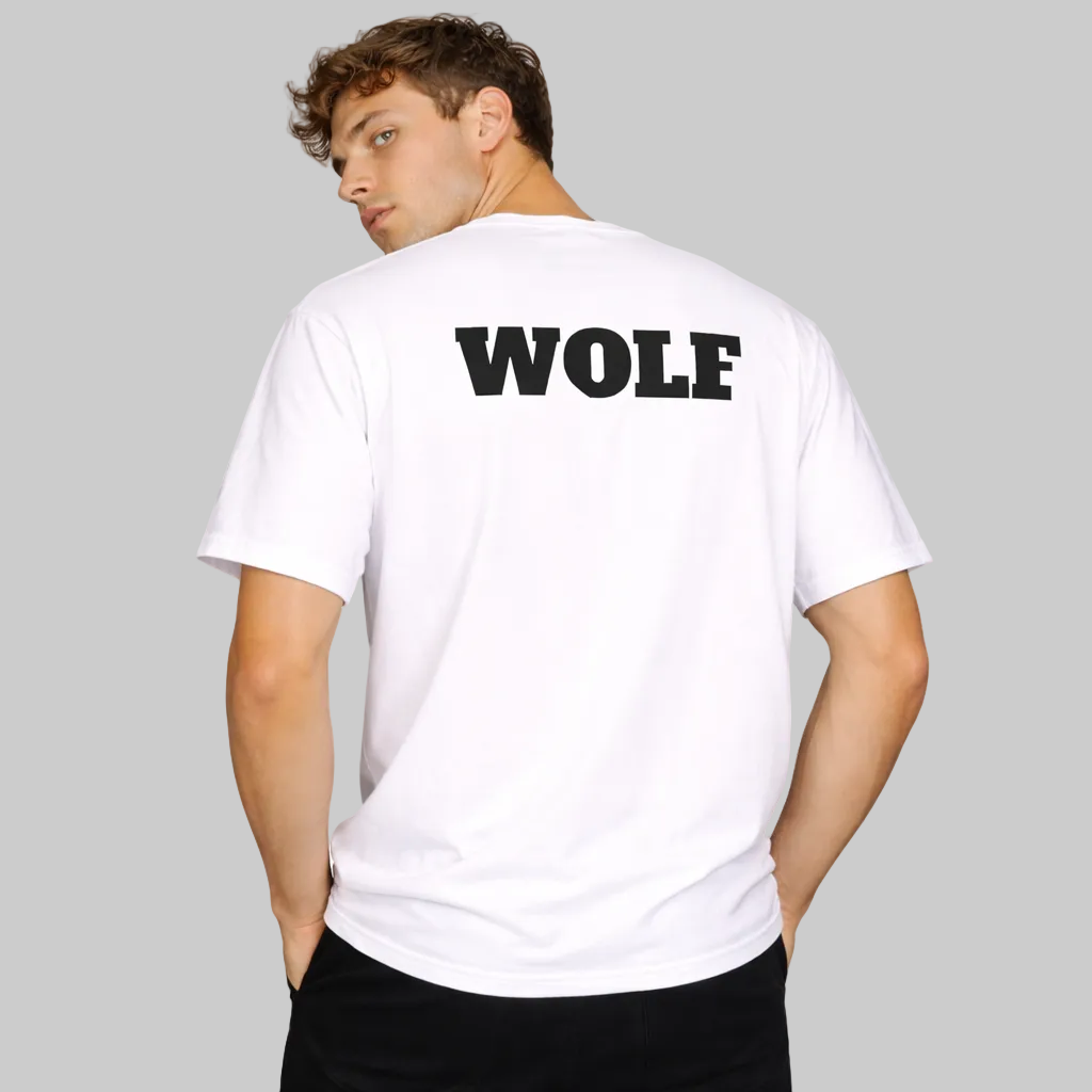 Person wearing a white t-shirt with 'WOLF' printed on the back against a white background