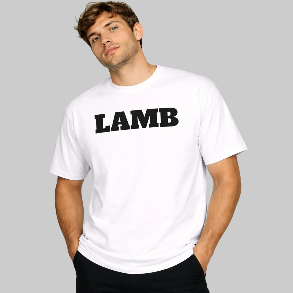 Man wearing a white t-shirt with 'LAMB' printed on it against a white background