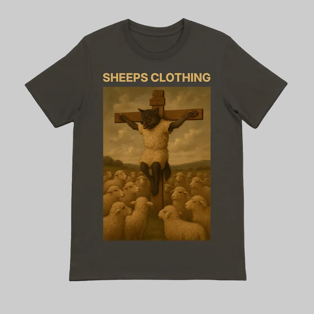 T-shirt with a graphic of a cat on a cross surrounded by sheep, labeled 'Sheep's Clothing'.