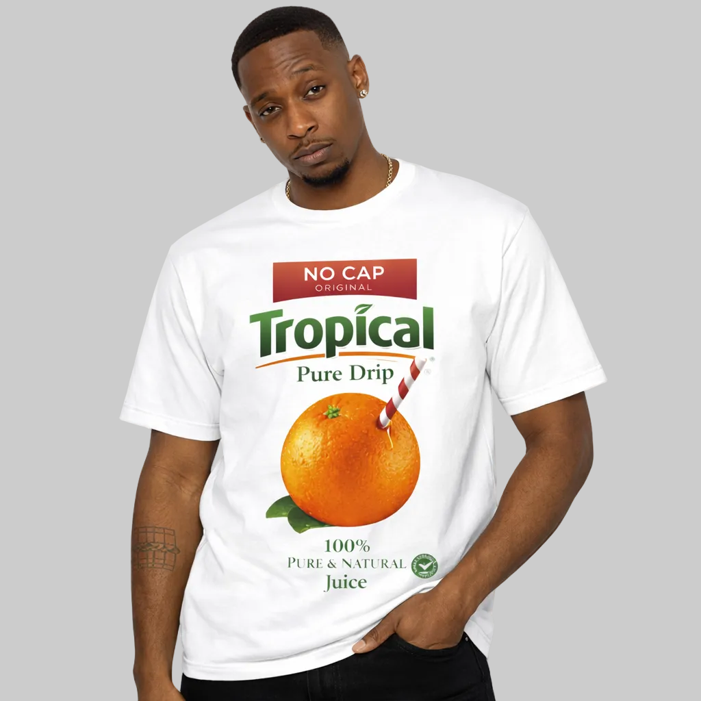Man wearing a white t-shirt with a 'Tropical Pure Drip' juice label design.