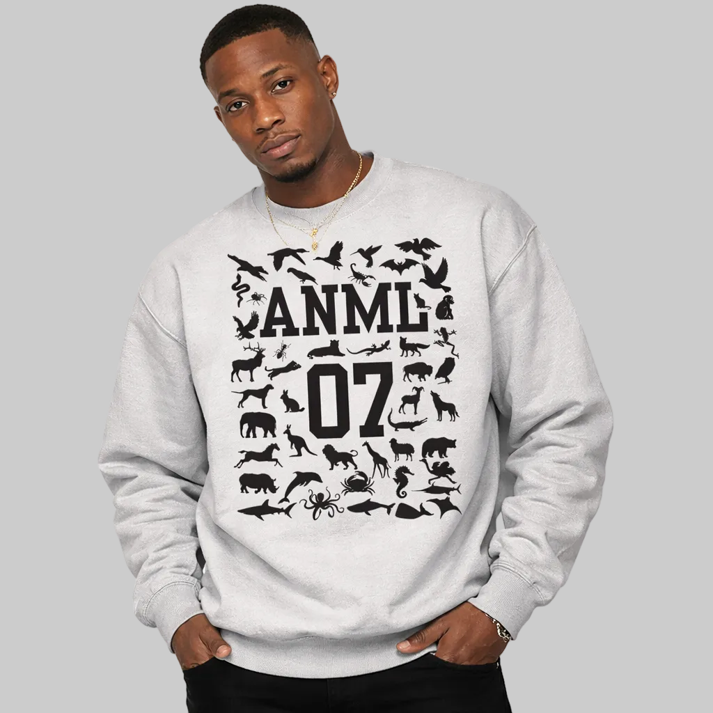 Man wearing a gray sweatshirt with black animal silhouettes and text on a white background