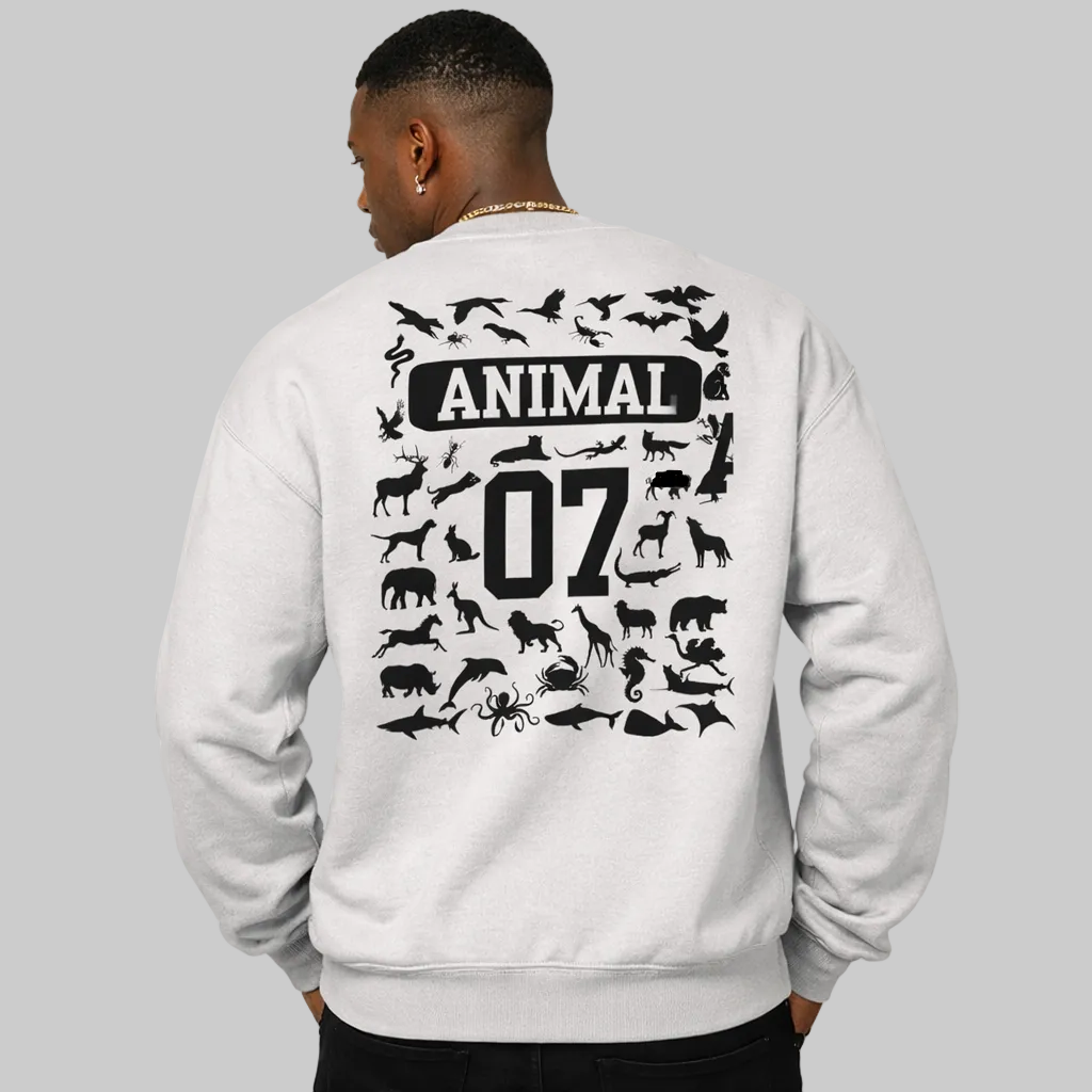Person wearing a white sweatshirt with black animal illustrations and 'ANIMAL 07' text on the back.