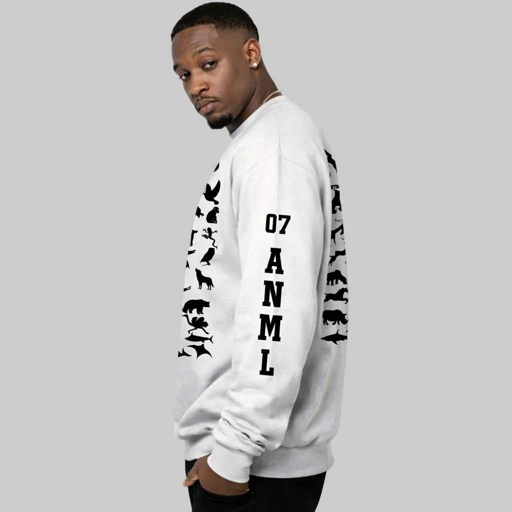 Man wearing a white sweatshirt with black graphics and text on a white background