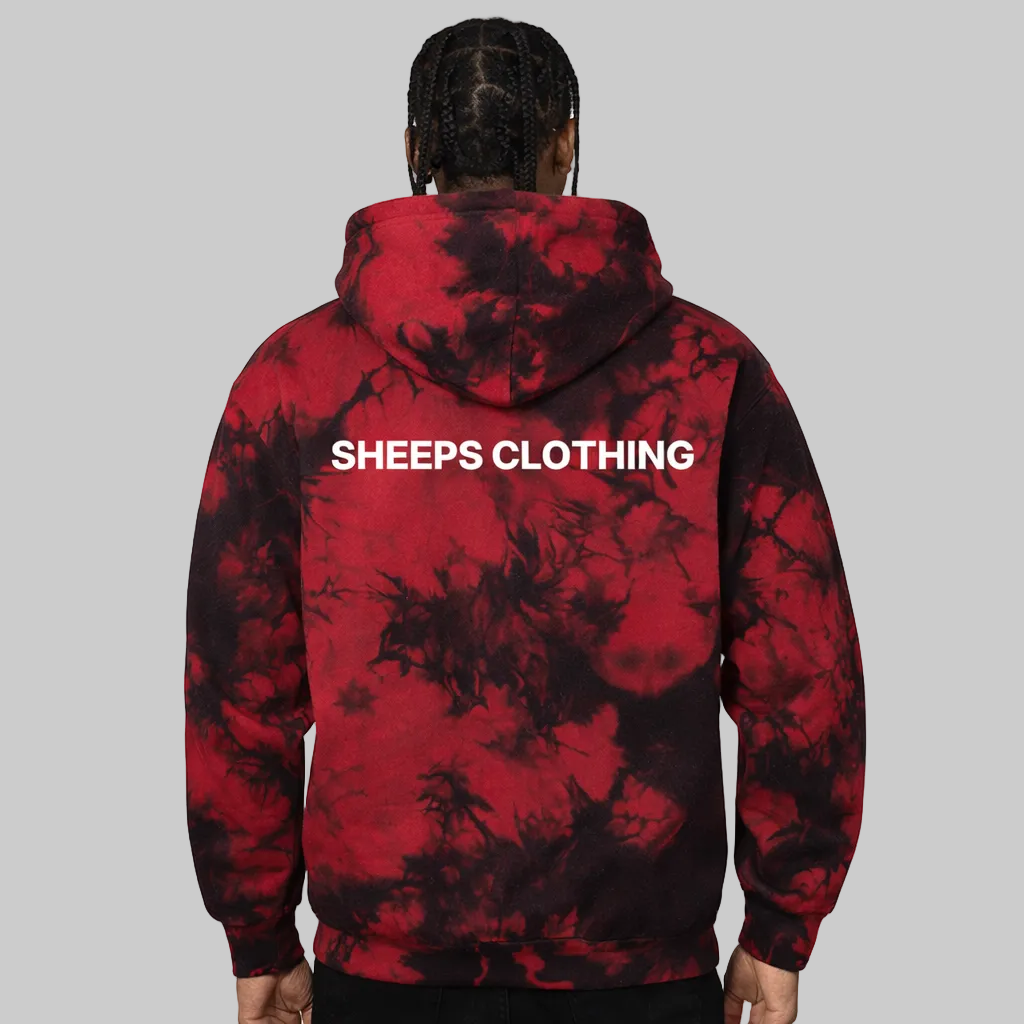 Red and black tie-dye hoodie with 'Sheeps Clothing' text on the back, worn by a person.