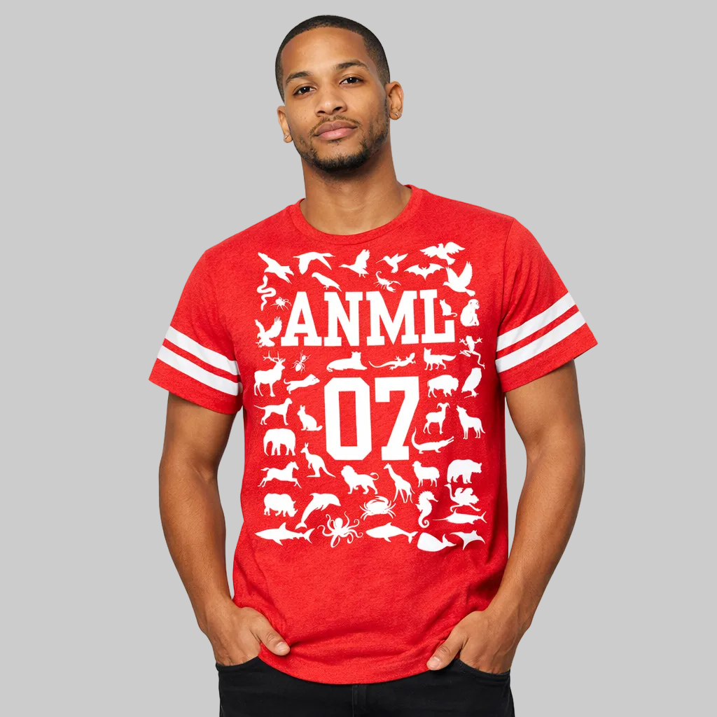 Man wearing a red t-shirt with white graphics and text on a white background